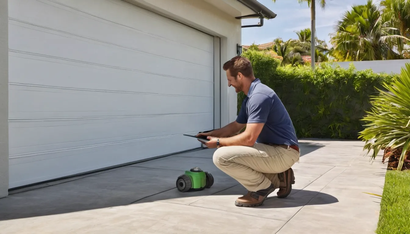 A local garage door provider inspecting the track of a residential garage door in Weston